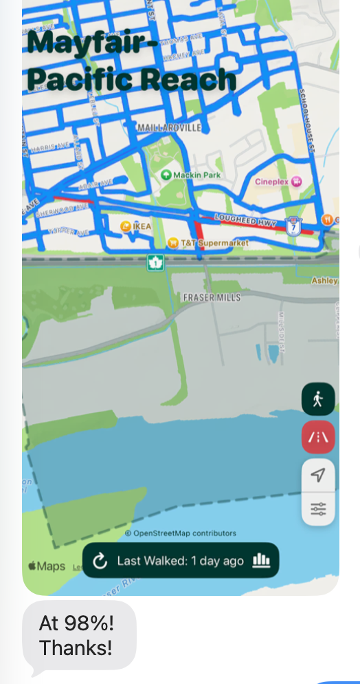 screenshot of Coquitlam walker thanking me for the fix