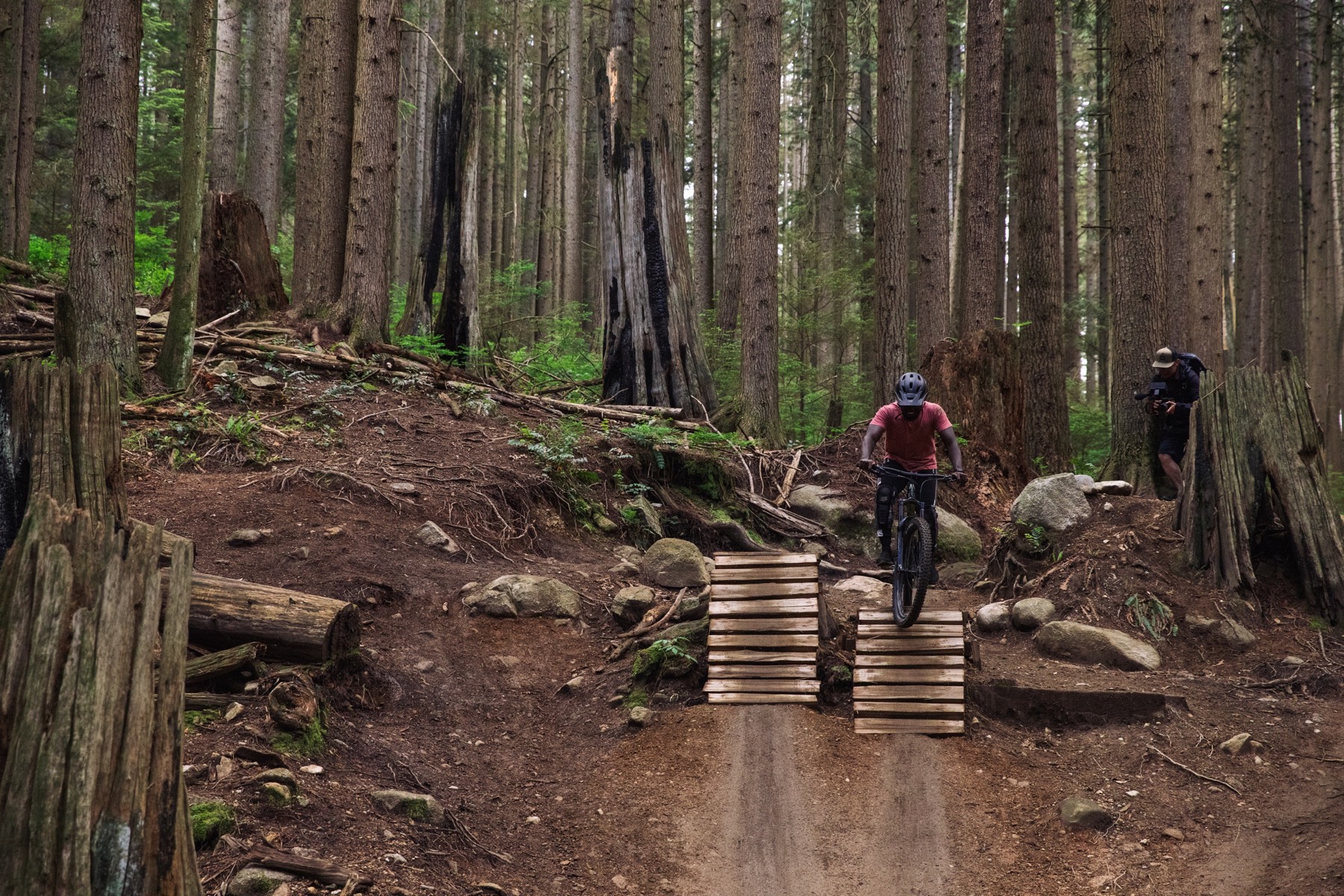Day 1 of mountain biking: going down a roll on Bob Sled trail