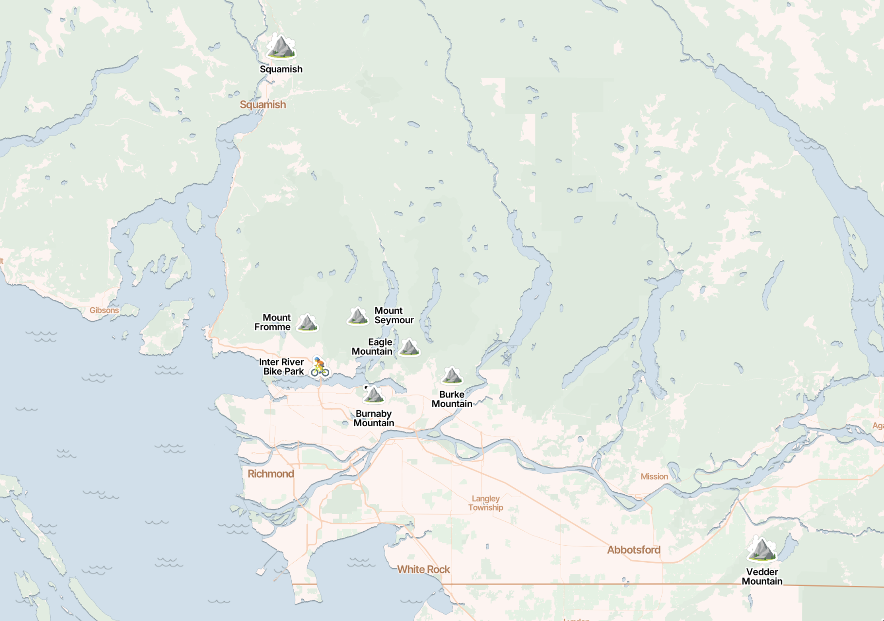 Map showing some of the mountains and parks we trained at