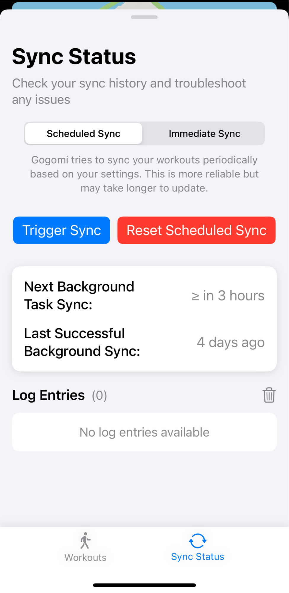 Gogomi sync status view showing the two syncs and empty logs