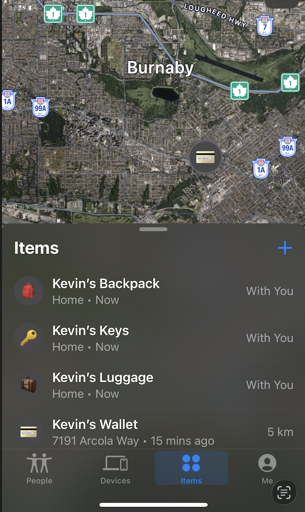 Screenshot of AirTag map showing location in South Burnaby