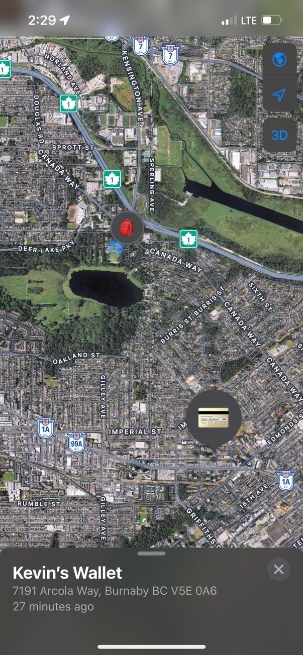 AirTag map showing movement towards Arcola St