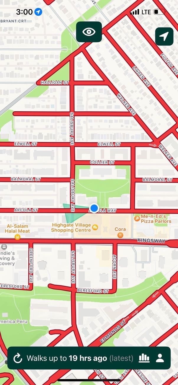 Gogomi app showing unexplored streets in red